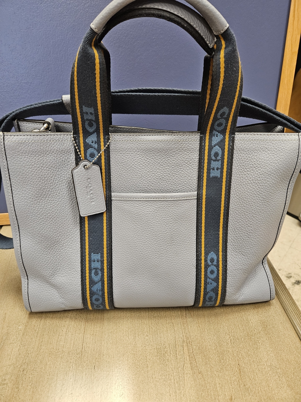 Coach Light Gray Pebbled Leather Tote with Branded Straps